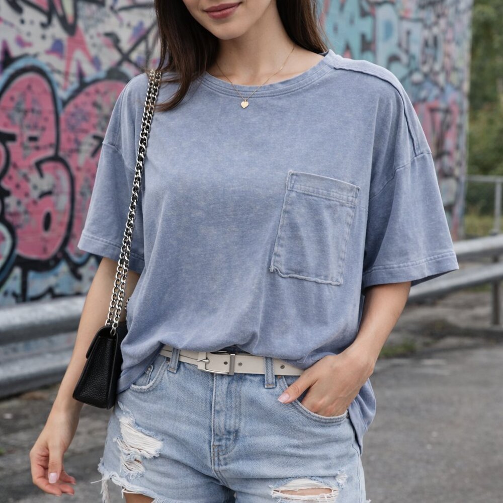 💚 Neav Cin Blue Mineral Wash Oversized Pocket Tee – Size M